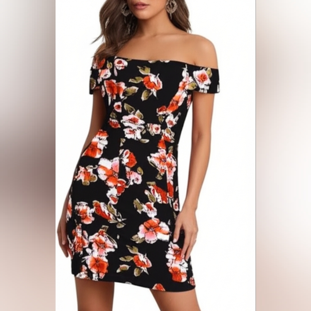 Love Chesley Black Floral Off-Shoulder Stretch Mini Dress S